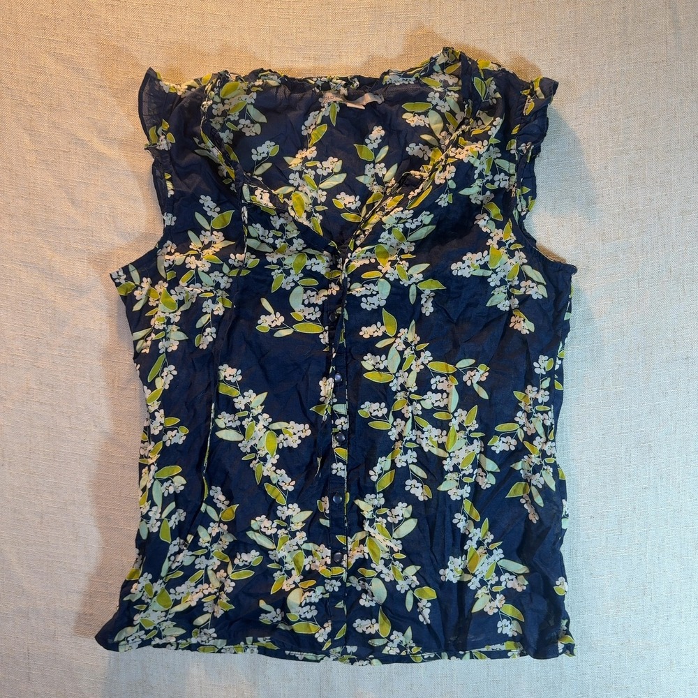 Old Navy Ruffle Blouse Floral Button-Front Navy Women's Size Medium